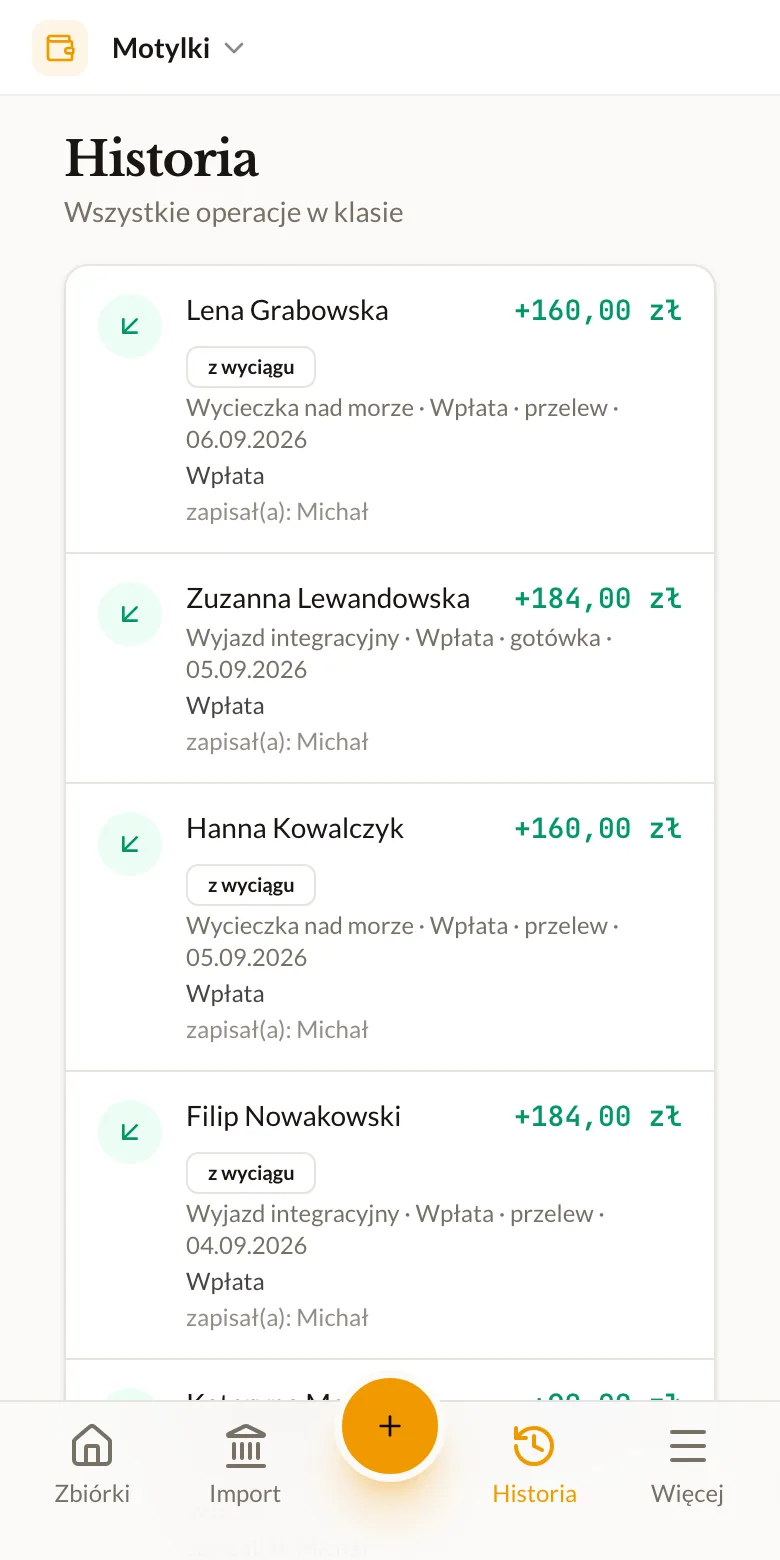 Historia operacji w klasie: lista wpłat z nazwiskiem ucznia, zbiórką, metodą płatności i datą