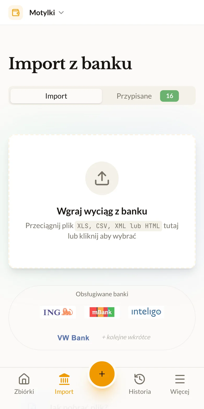 Ekran importu wyciągu bankowego w Skarbniku Online z obsługiwanymi bankami: ING, mBank, Inteligo i VW Bank
