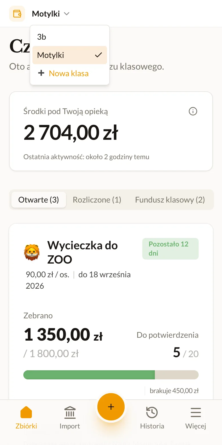 Menu wyboru klasy w Skarbniku Online z listą klas 3b i Motylki oraz opcją Nowa klasa