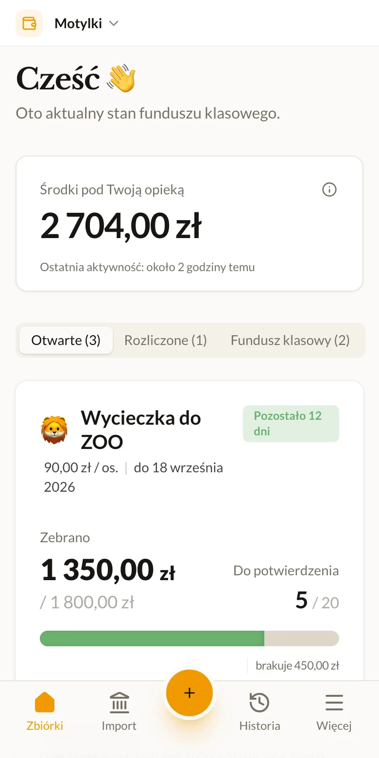 Pulpit skarbnika klasowego w Skarbniku Online: kwota środków pod opieką, lista otwartych zbiórek i ostatnie wpłaty